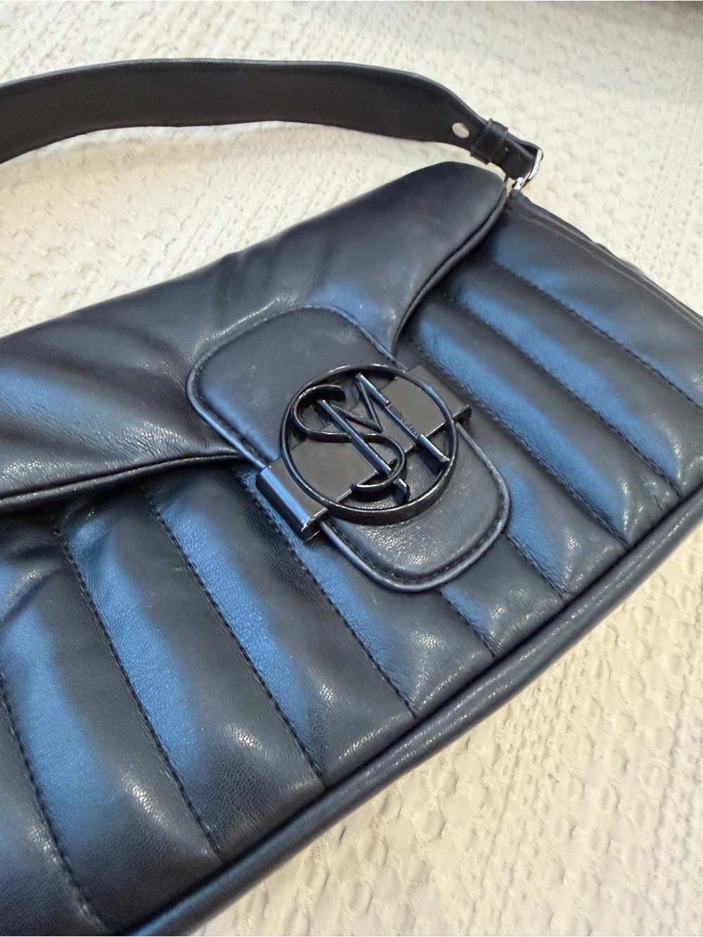 Steve Madden Black Quilted Shoulder Bag with Monogram Clasp